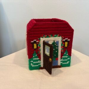 Vintage Handmade Christmas Holiday House Needlepoint Box - Card Holder